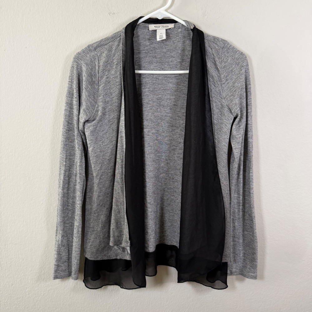 White House Black Market Grey Wool Blend Chiffon Trim Open Front Cardigan XS